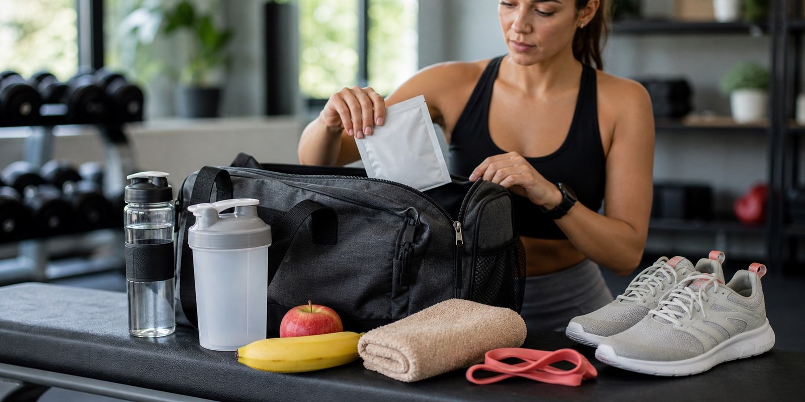 Bolsa de academia organizada com shaker, fruta, garrafa de água e itens de treino para uma rotina simples.