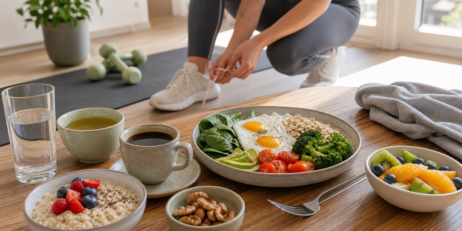 Refeição equilibrada, café, chá e tênis mostrando rotina com termogênicos naturais como detalhe.
