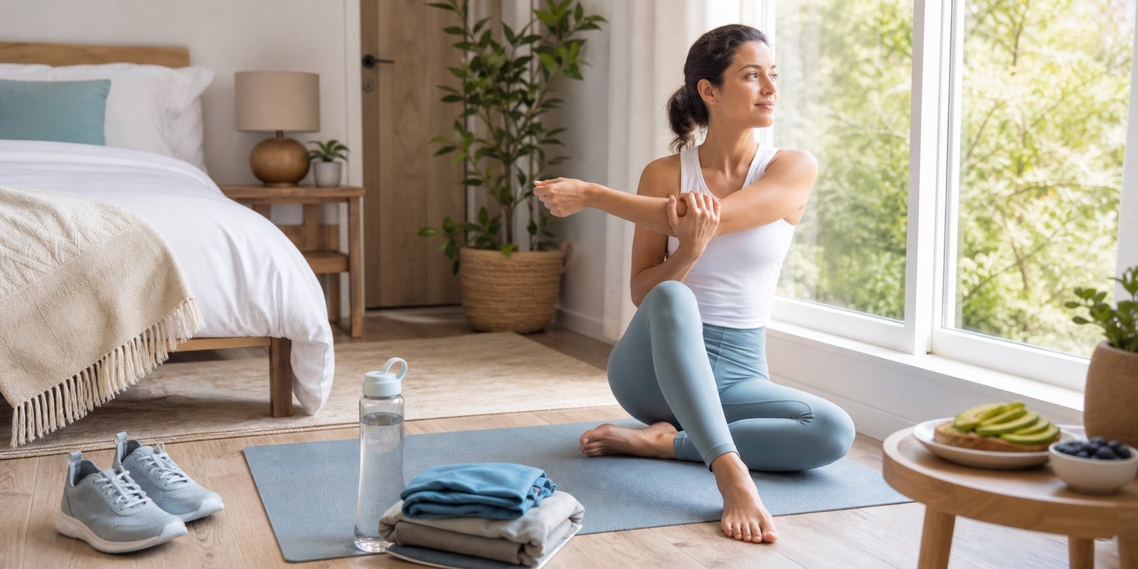 Pessoa fazendo alongamento leve com água e itens de treino para equilibrar jejum, exercício e sono.