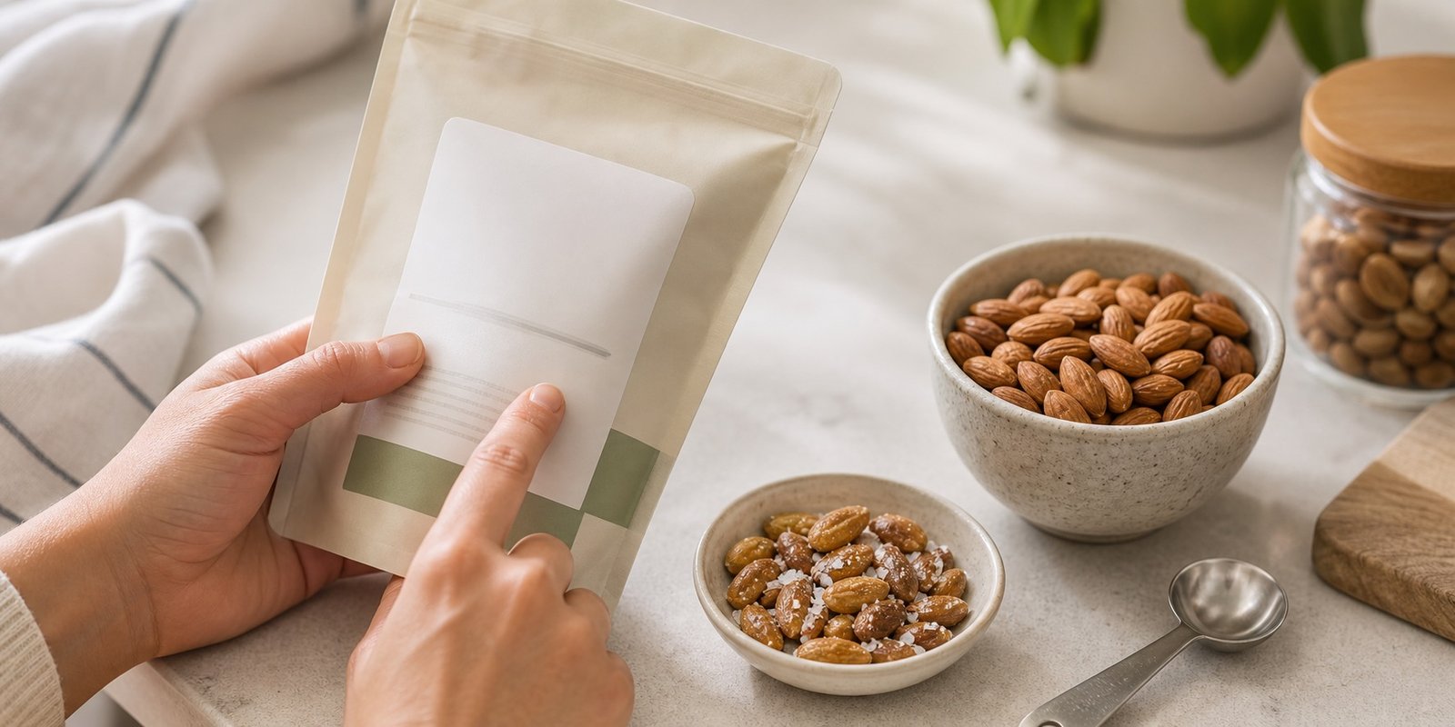 Pessoa avaliando embalagem sem marca de castanhas ao lado de porções simples e salgadas.