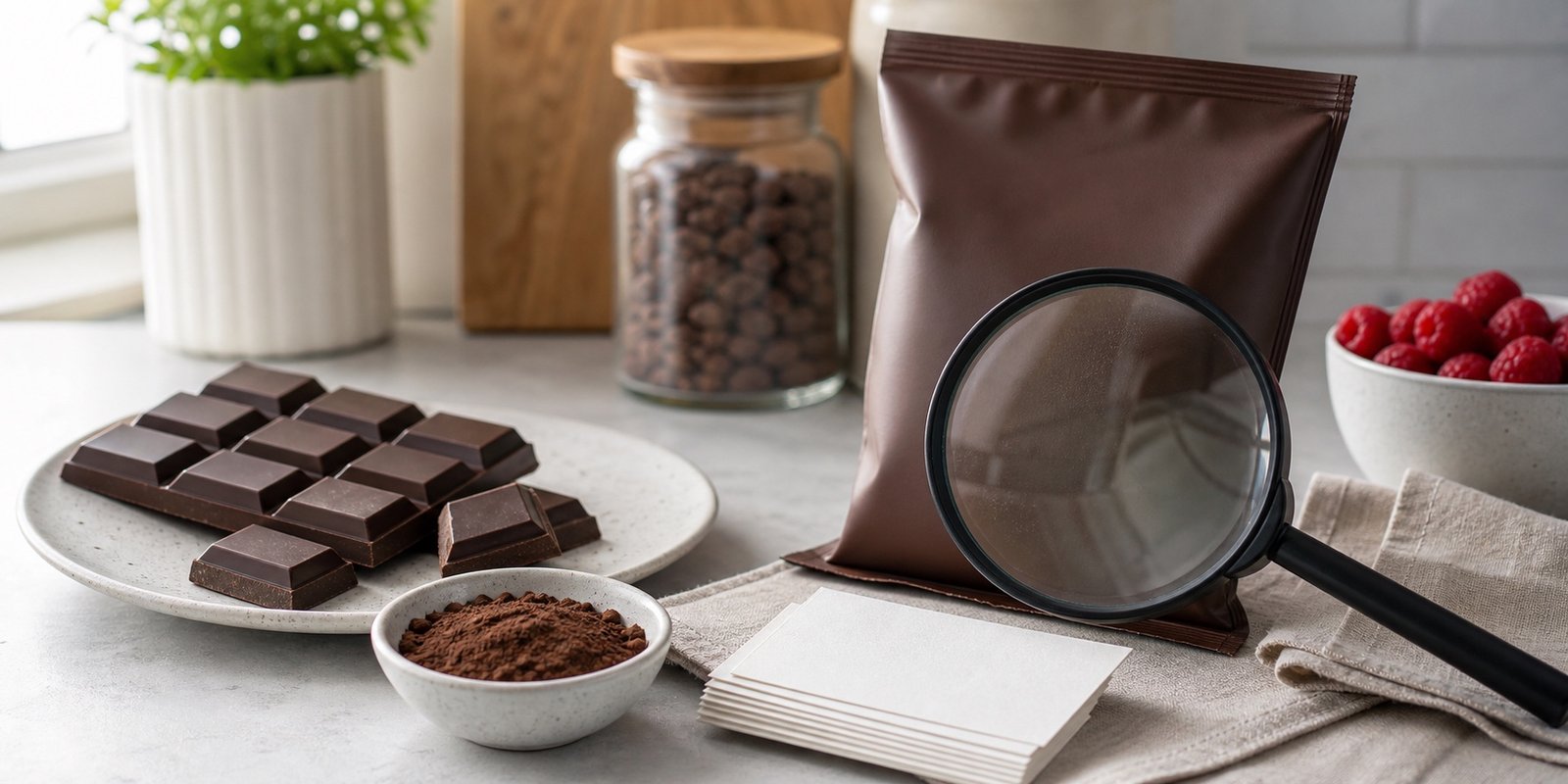 Embalagem sem marca, cacau e lupa representando a leitura do rótulo de chocolate low carb.