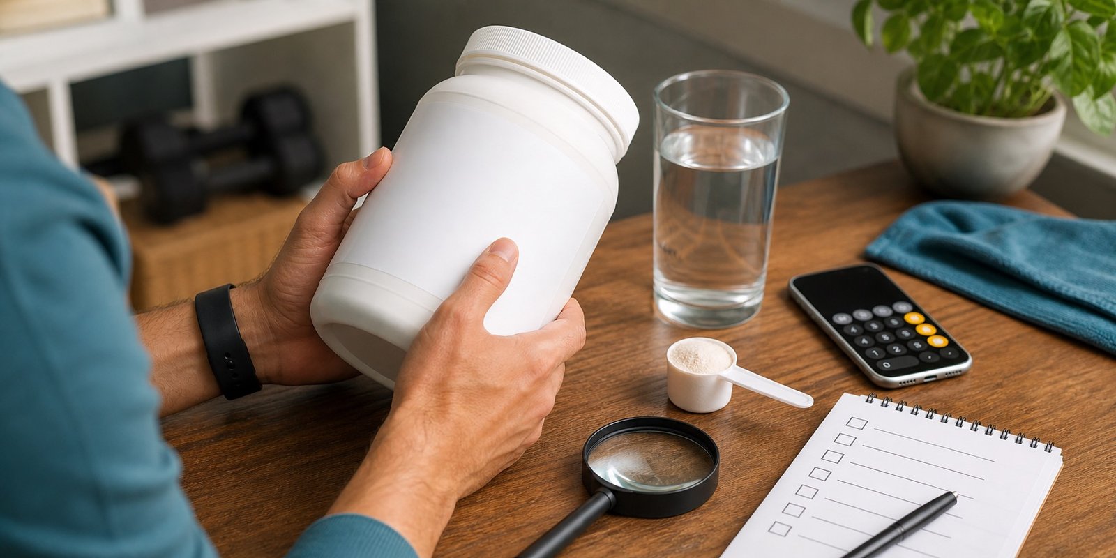 Pessoa analisando frasco sem marca, scoop e checklist para conferir dose, ingredientes e segurança do colágeno.