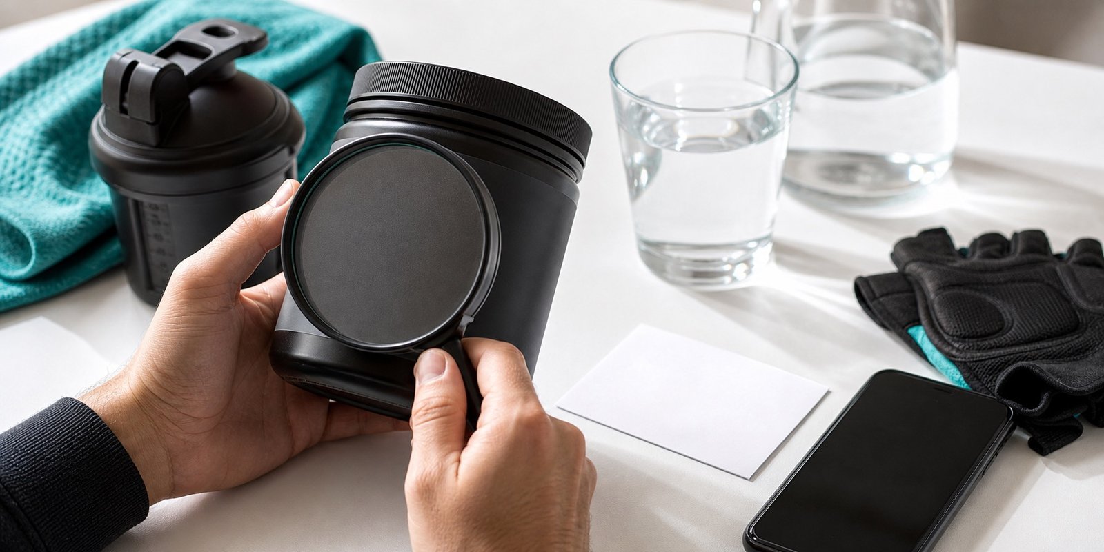 Pessoa conferindo rótulo de suplemento sem marca para avaliar dose e estimulantes.