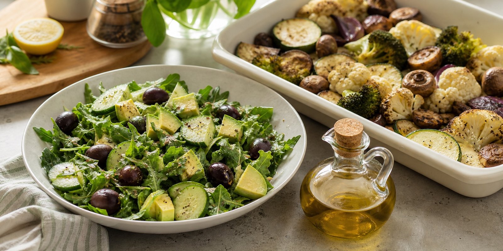 Salada low carb com abacate, azeitonas, legumes assados e azeite sem marca.