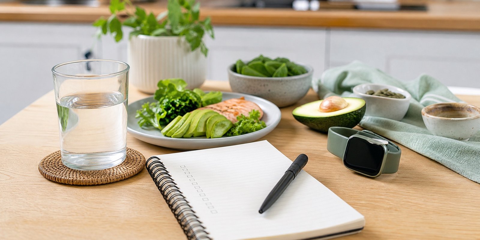 Água, refeição low carb e diário em branco representam segurança ao controlar carboidratos na dieta keto.