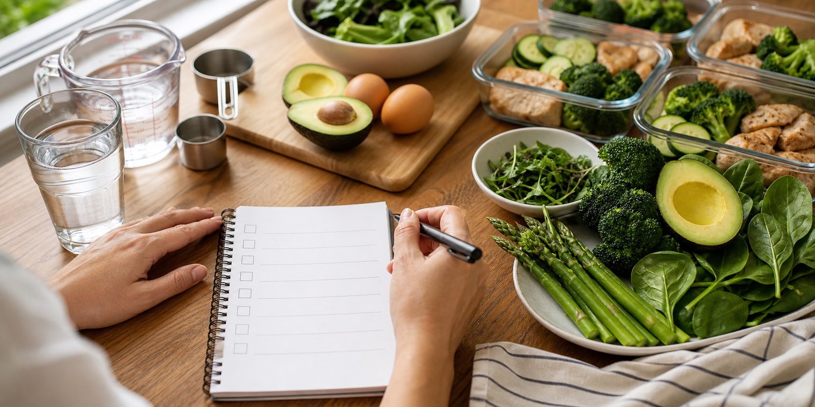 Mãos revisando planejamento alimentar com alimentos naturais, água e caderno para segurança na rotina low carb.