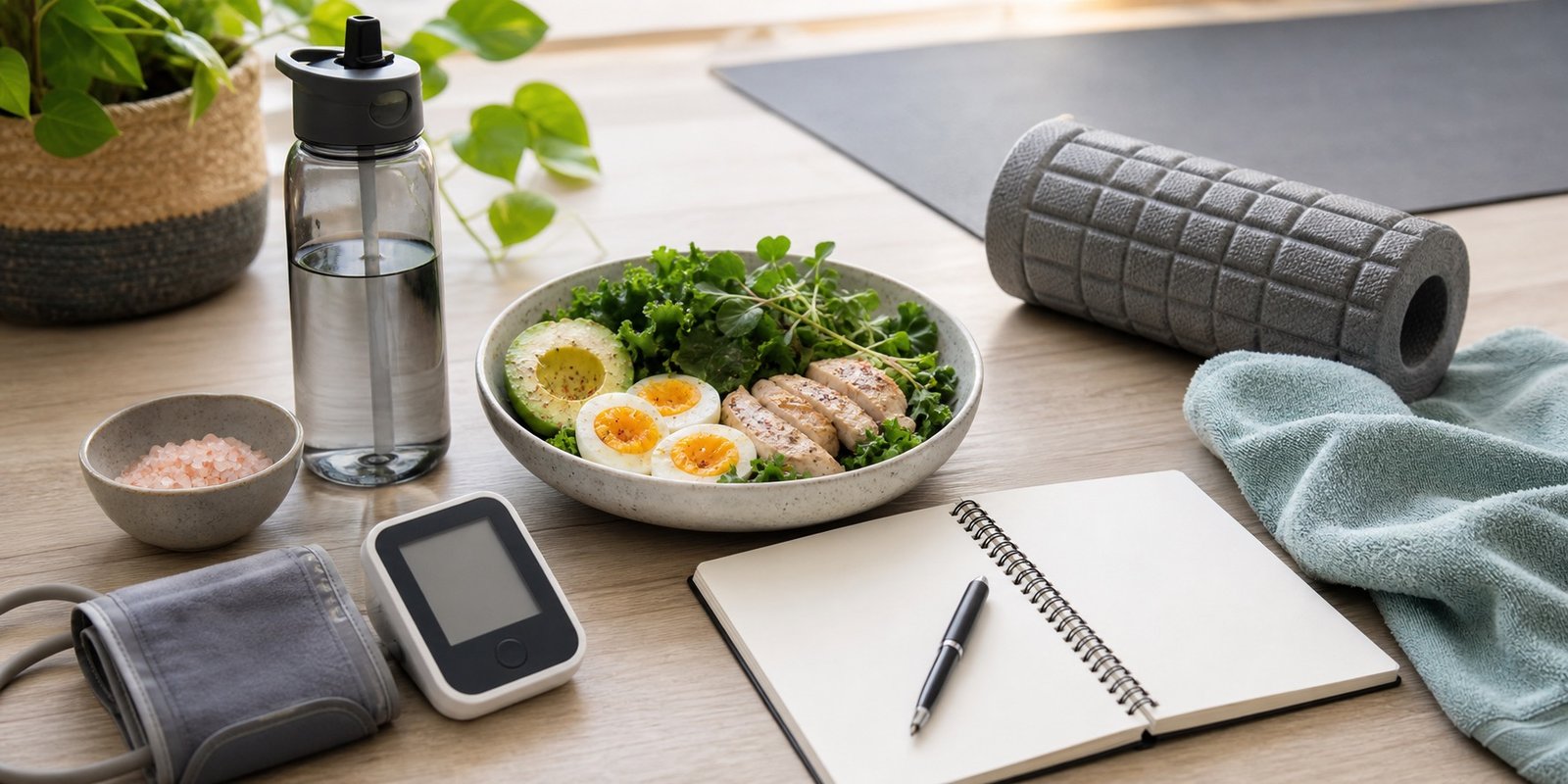 Itens de recuperação, hidratação e refeição keto para monitorar segurança na rotina fitness.