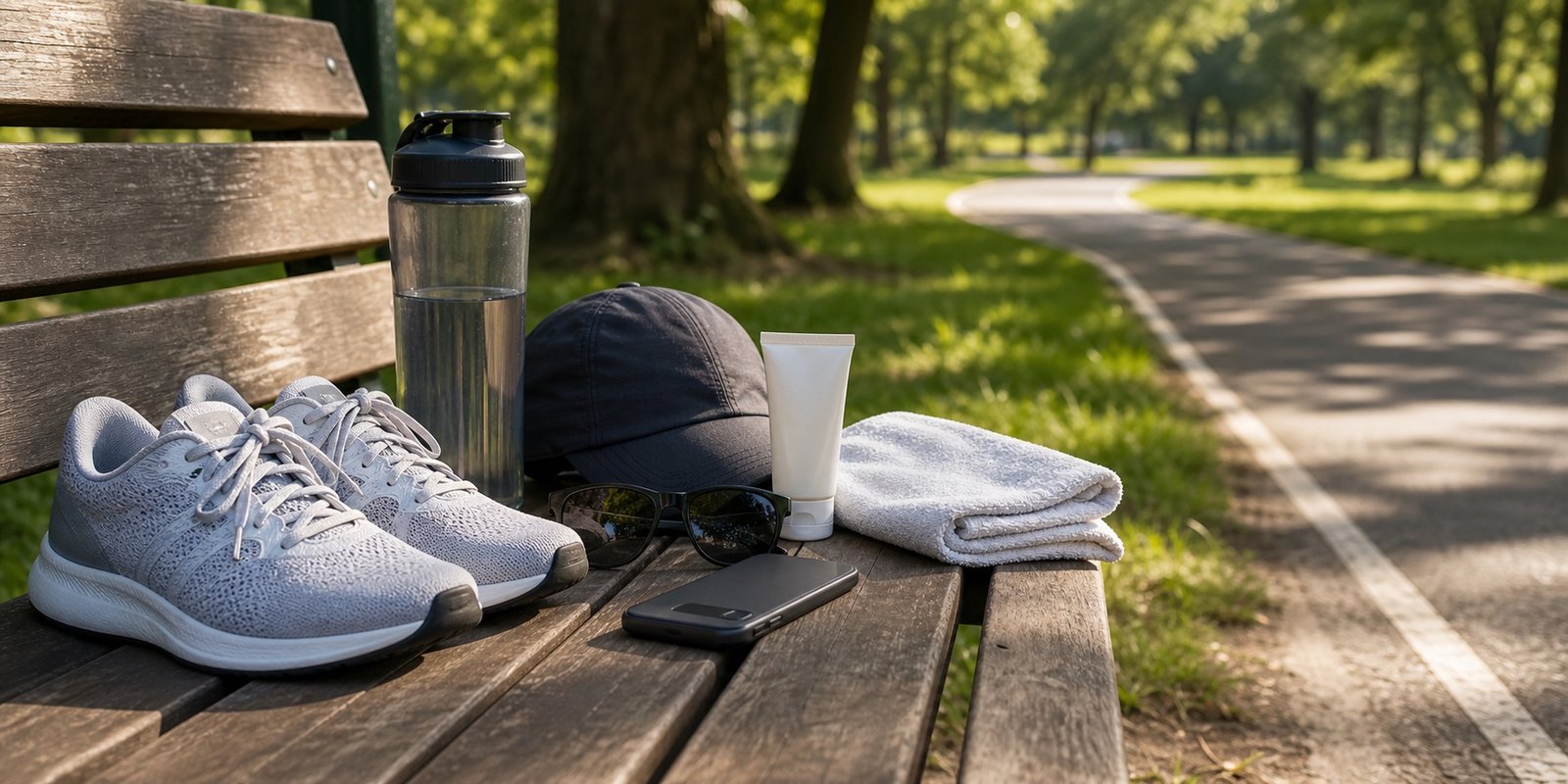 Kit de segurança para treino ao ar livre com água, boné, óculos, protetor sem rótulo e tênis.
