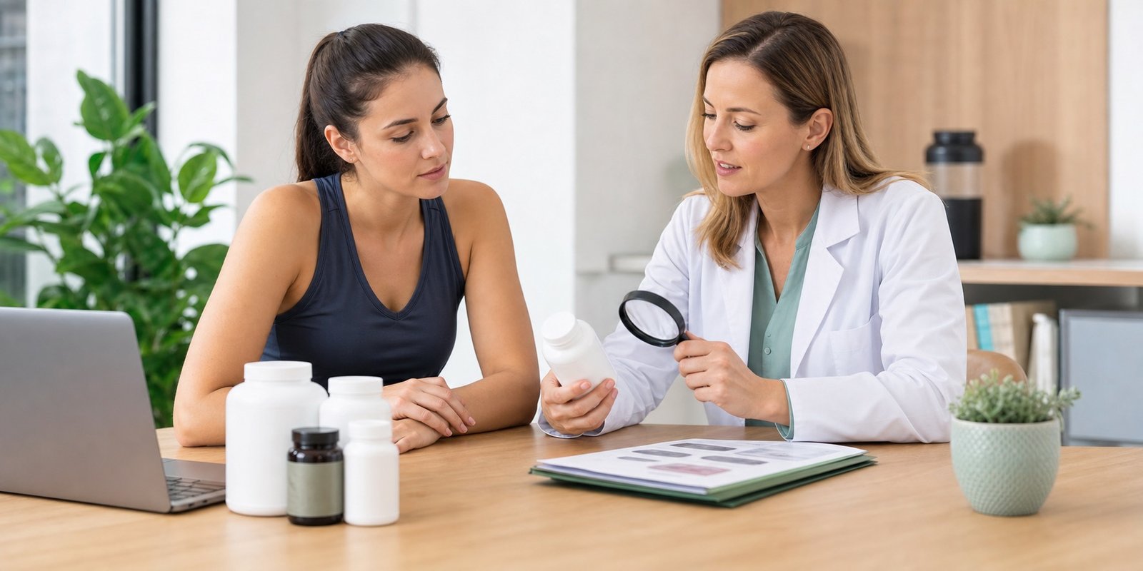 Mulher e nutricionista revisando rótulo de suplemento sem marca para escolher produtos com mais segurança.