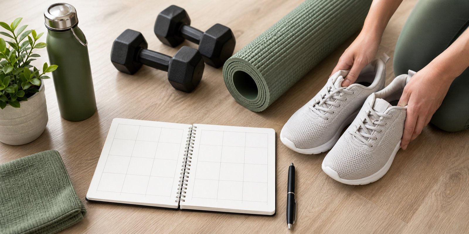 Tênis, foam roller, halteres e agenda sem texto para organizar cardio leve entre treinos de musculação
