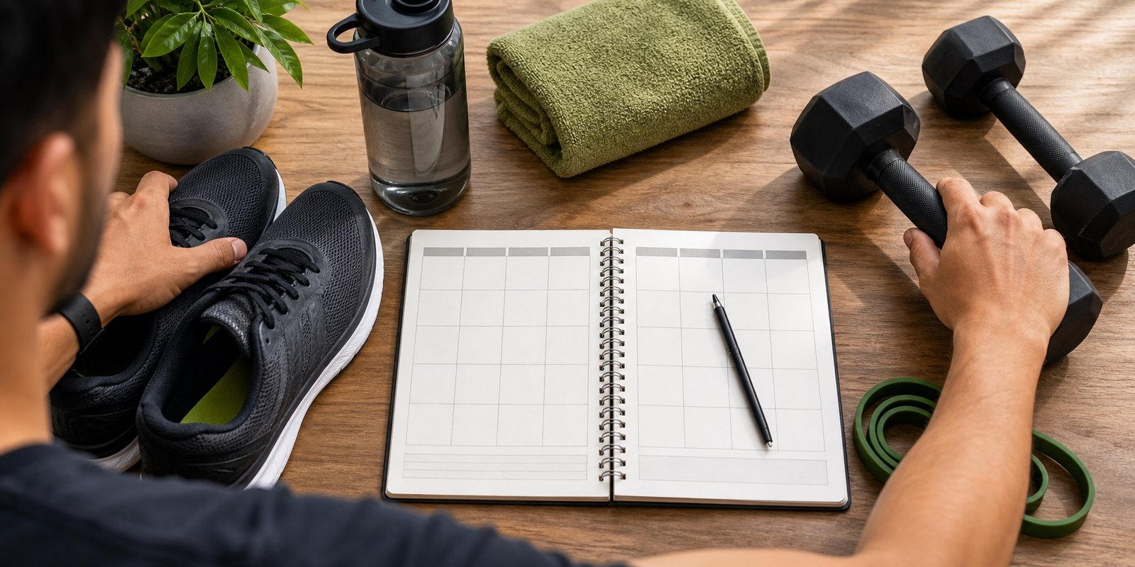 Planner semanal com tênis, halteres e acessórios para organizar cardio e musculação na semana.