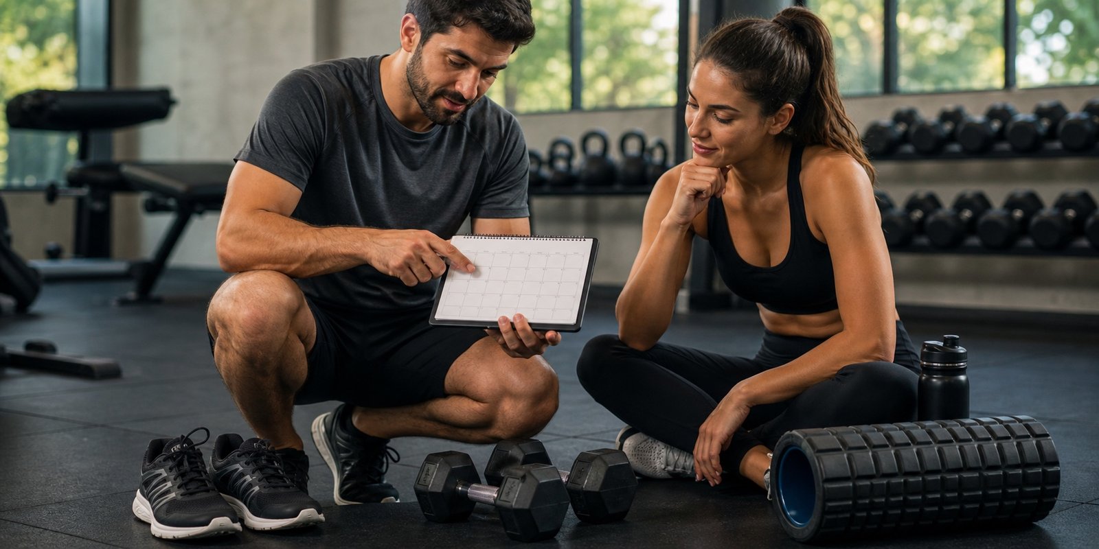 Treinador e atleta organizando semana de treino com recovery muscular para evitar dores acumuladas.