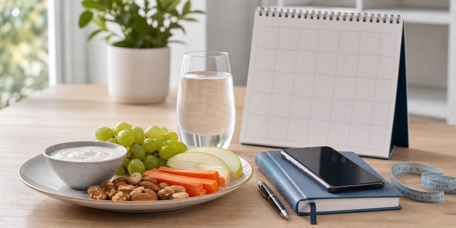 Mesa tranquila com lanche equilibrado, água, calendário em branco, fita métrica solta e caderno.