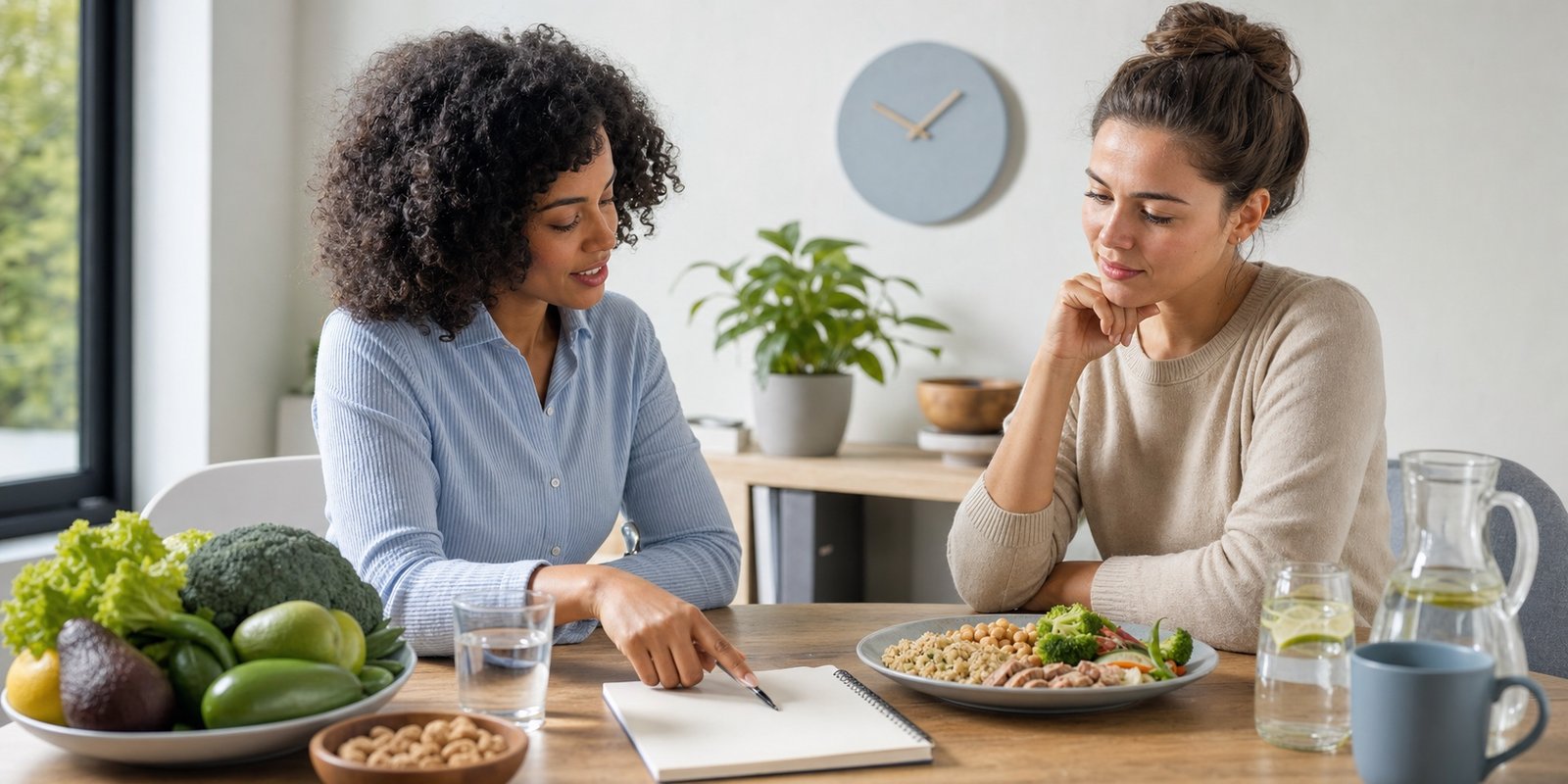 Consulta nutricional com alimentos e água para ajustar o jejum intermitente com segurança.