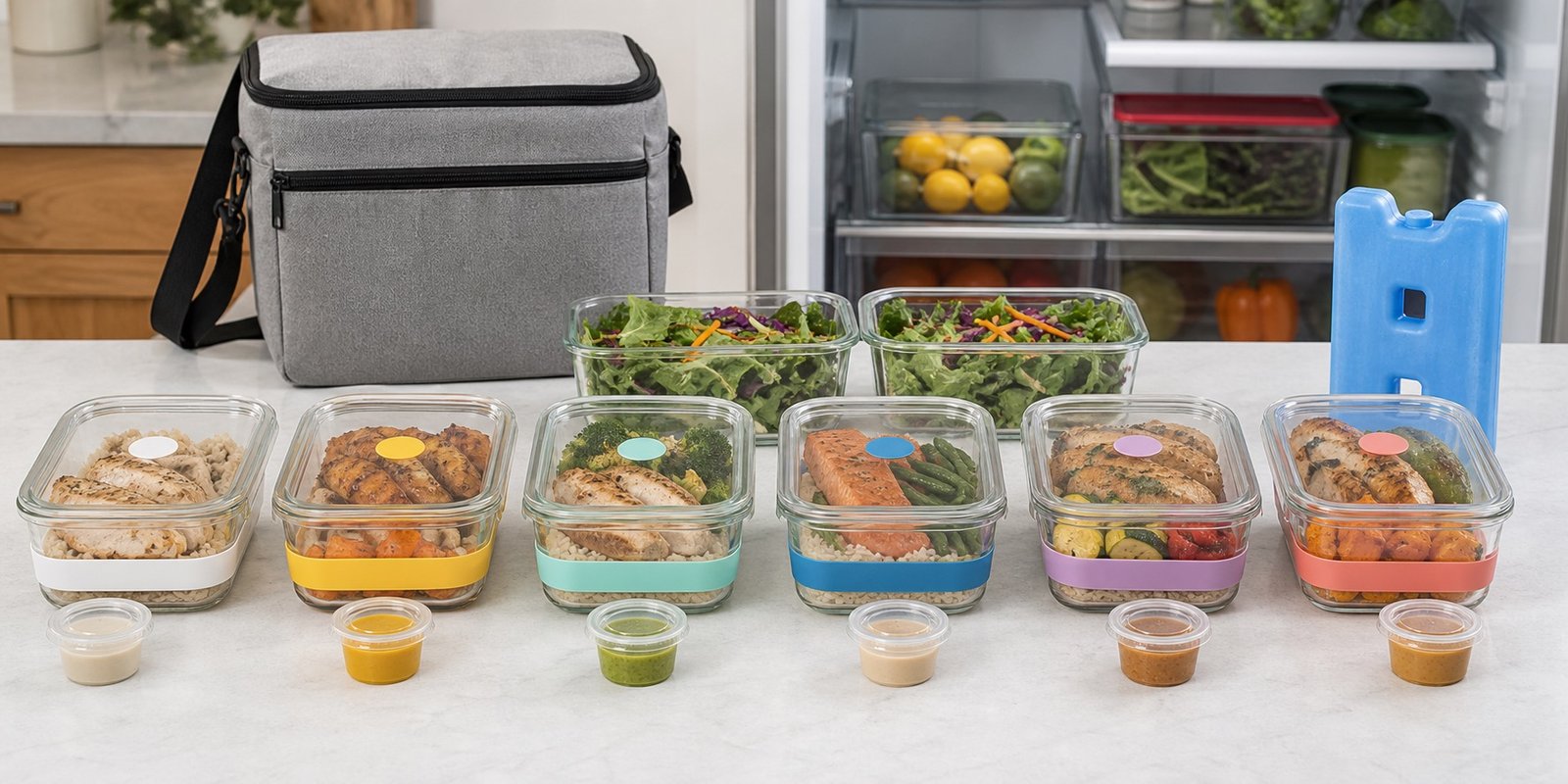 Sistema semanal de potes de marmita fitness com saladas, molhos e bolsa térmica.