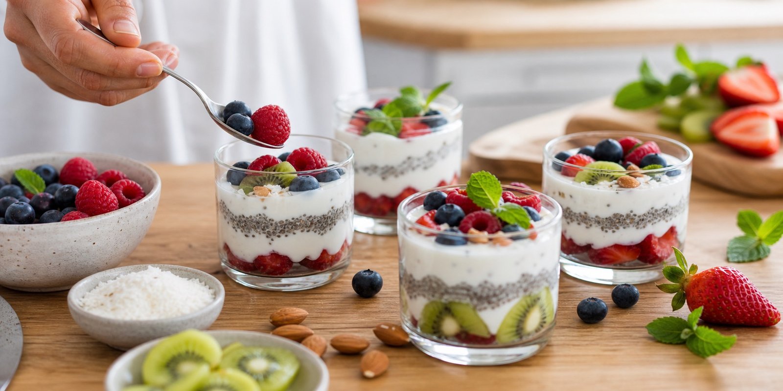 Sobremesas low carb com iogurte natural, chia, coco, morango, mirtilo, framboesa e pequenas porções de frutas.