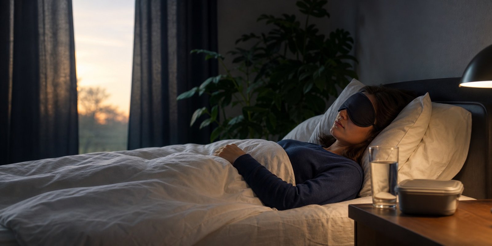 Quarto escuro com máscara de sono e água para proteger o descanso após trabalhar à noite.