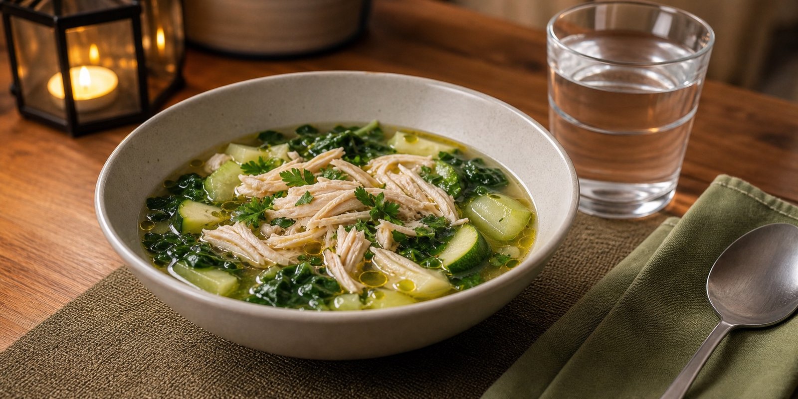 Sopa low carb para o jantar com frango, abobrinha, chuchu, folhas e caldo bem temperado.