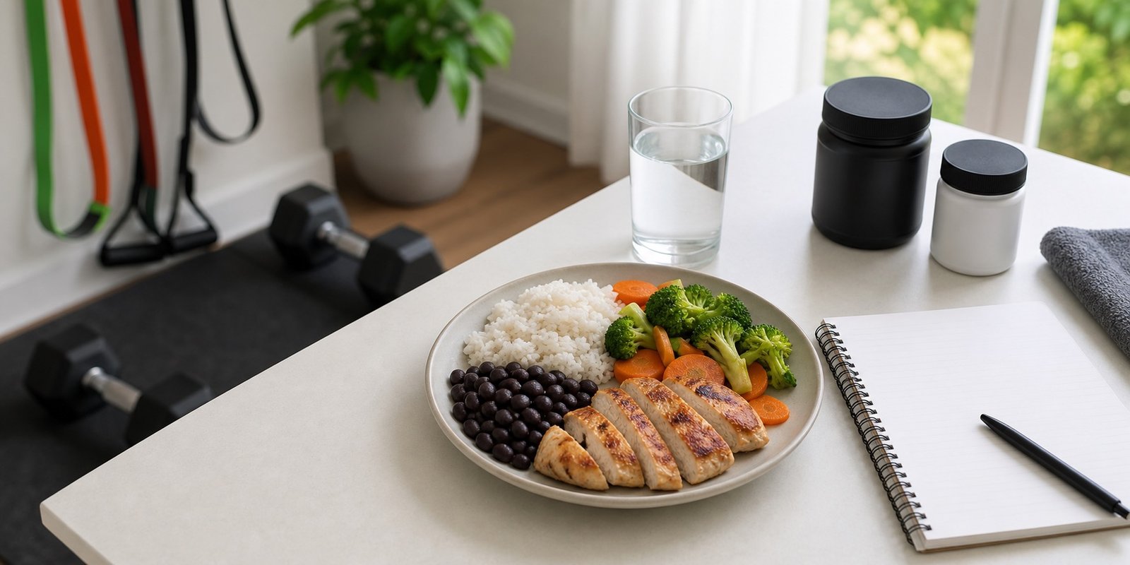 Guia de suplementação com comida, treino de força e produtos genéricos como apoio da rotina.