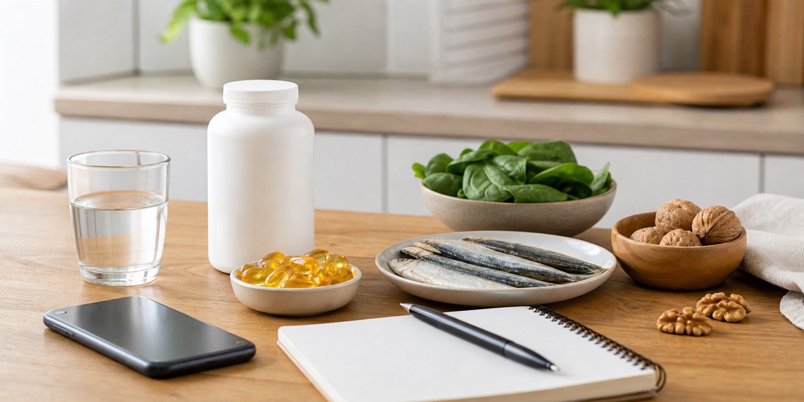 Frasco neutro de suplemento, cápsulas, água, caderno e alimentos fontes de ômega 3