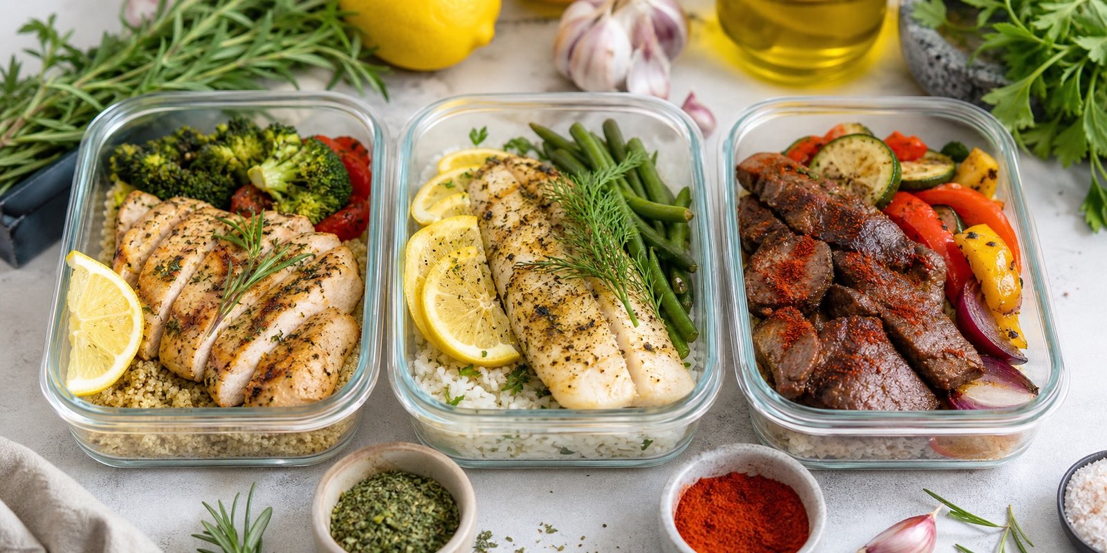 Marmitas de frango, peixe e carne magra com temperos naturais variados
