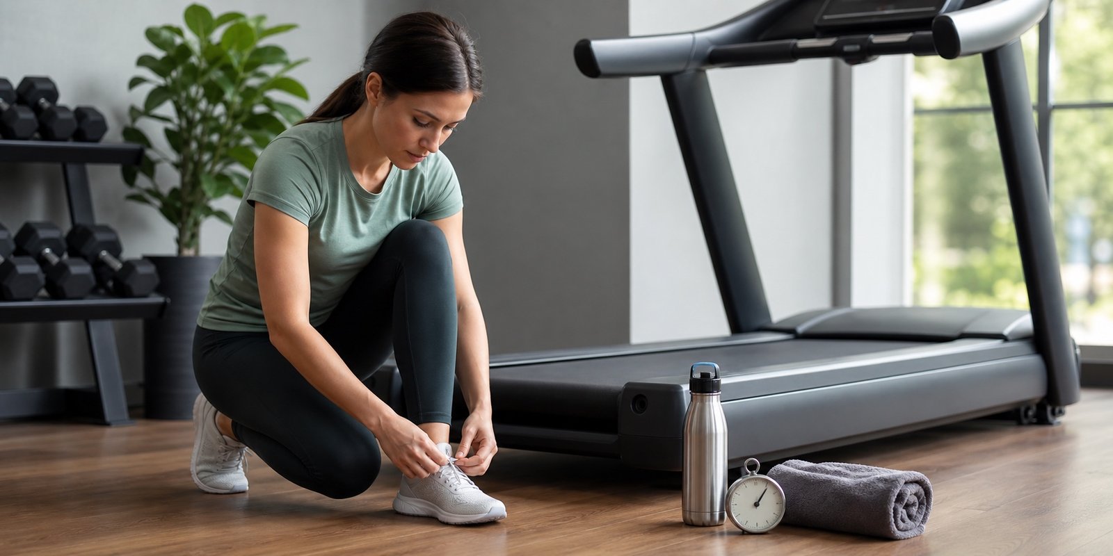 Pessoa preparando duração ideal do treino de cardio com tênis e cronômetro antes de sessão controlada.