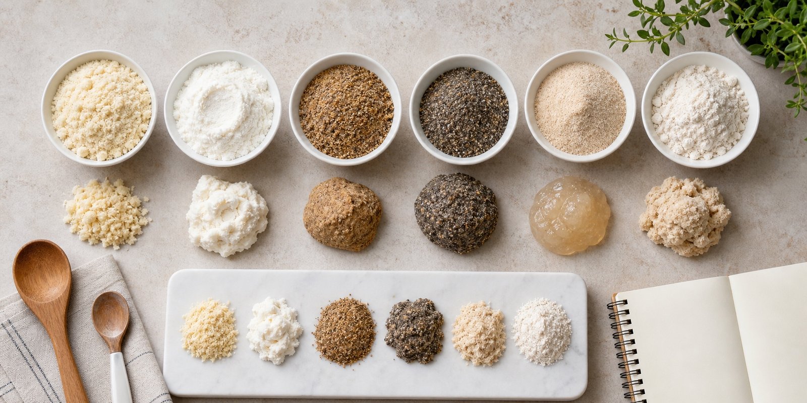 Bols com farinhas de baixo carboidrato em diferentes texturas para comparar usos em receitas low carb