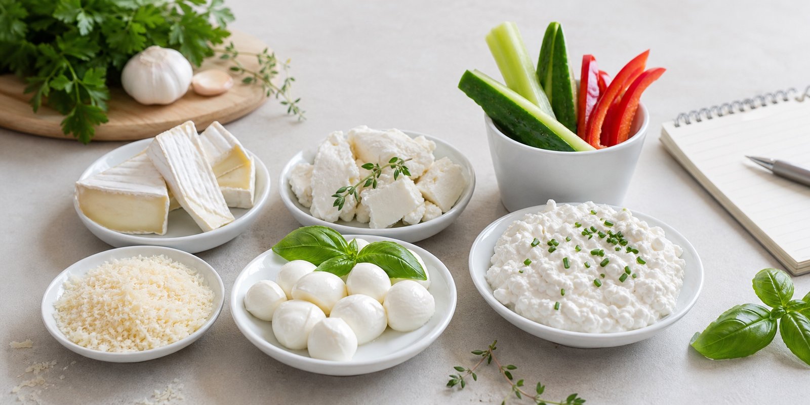 Variedade de queijos keto em pequenas porções com ervas e vegetais de baixo carboidrato.