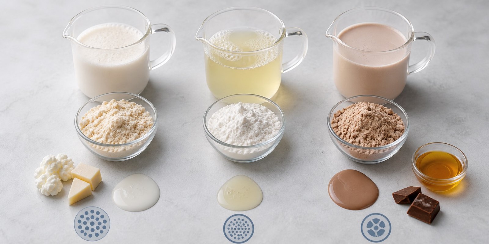 Comparação visual de whey concentrado, isolado e hidrolisado em amostras de pó e shakes sem texto.