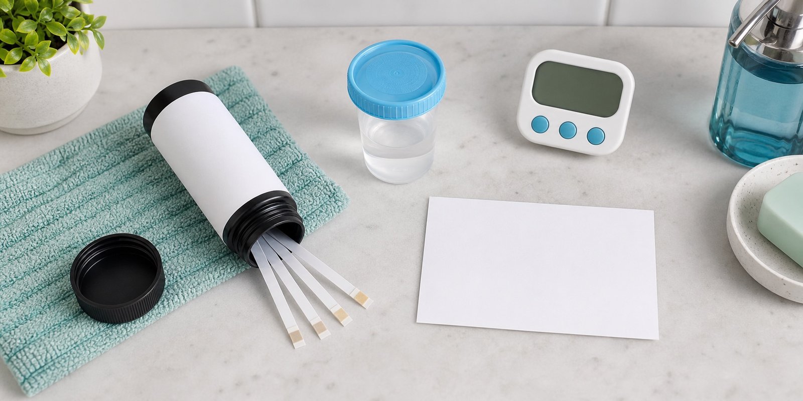 Tiras de urina para cetose em bancada limpa com timer e copo com água para teste caseiro sem marcas visíveis