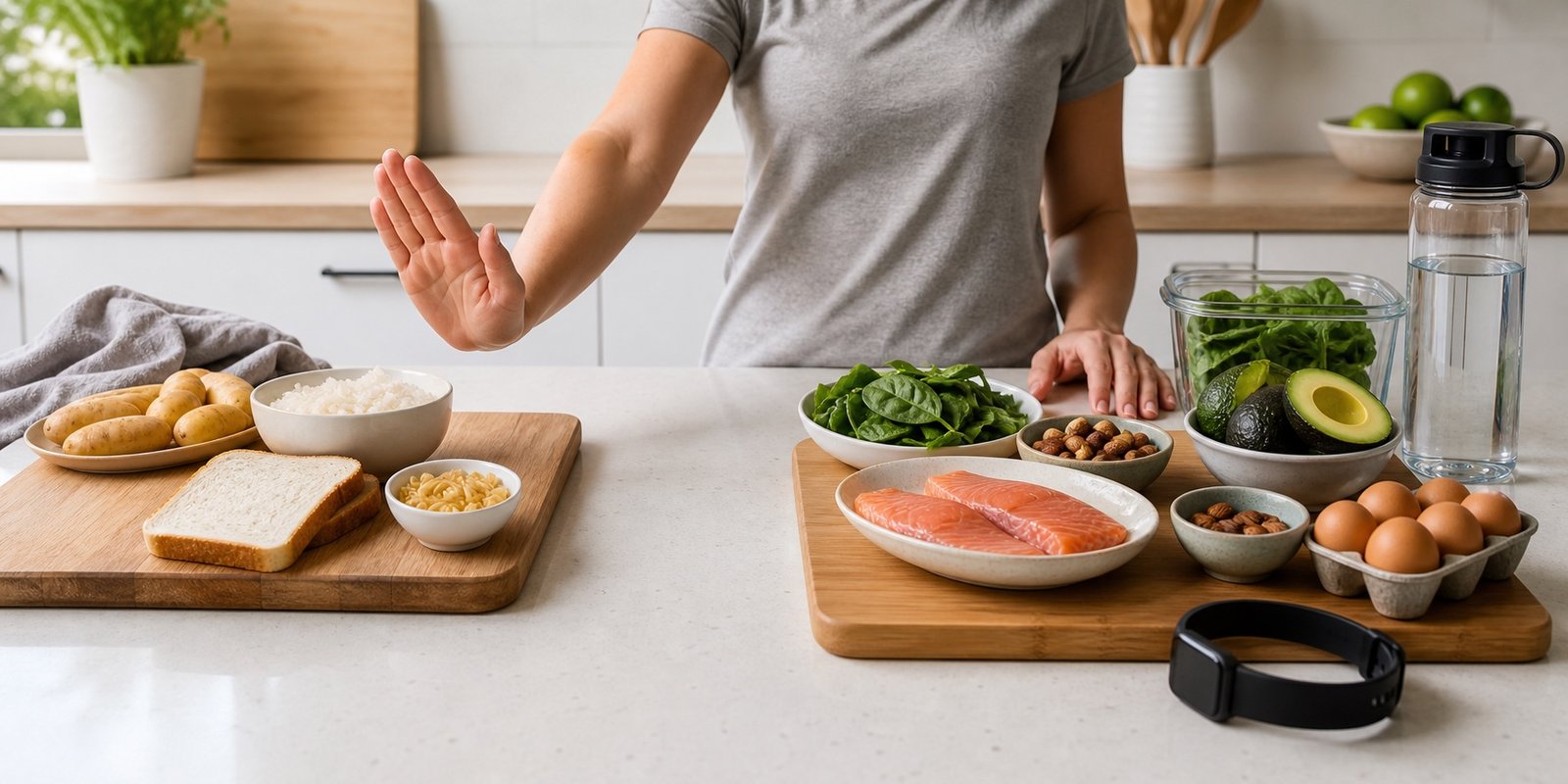 Mesa com carboidratos reduzidos e alimentos cetogênicos representando a transição para cetose nutricional.