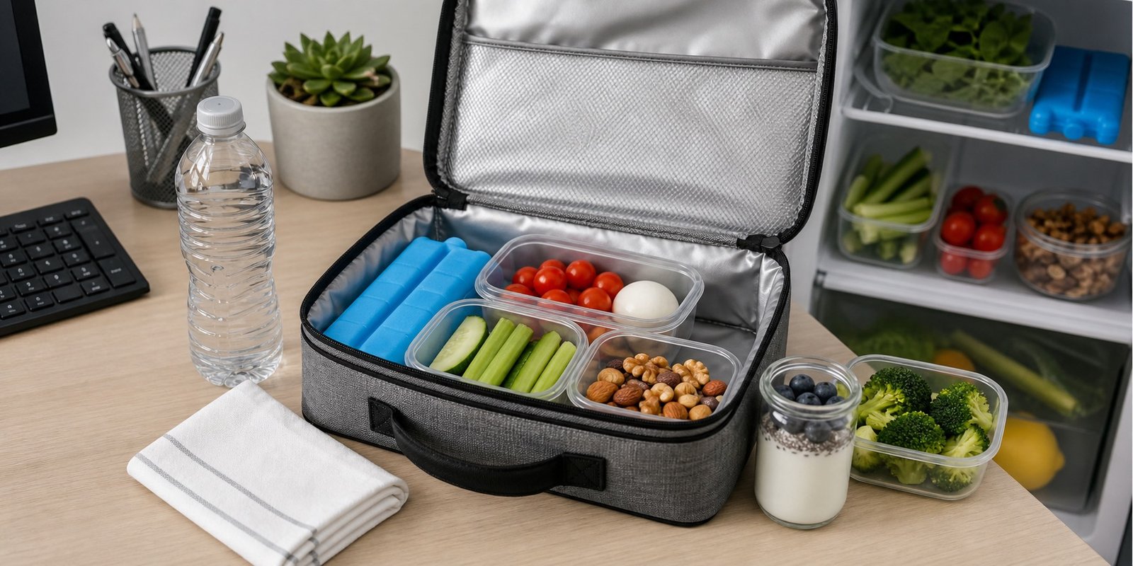 Bolsa térmica com potes, gelo reutilizável, iogurte separado e água para transporte seguro.