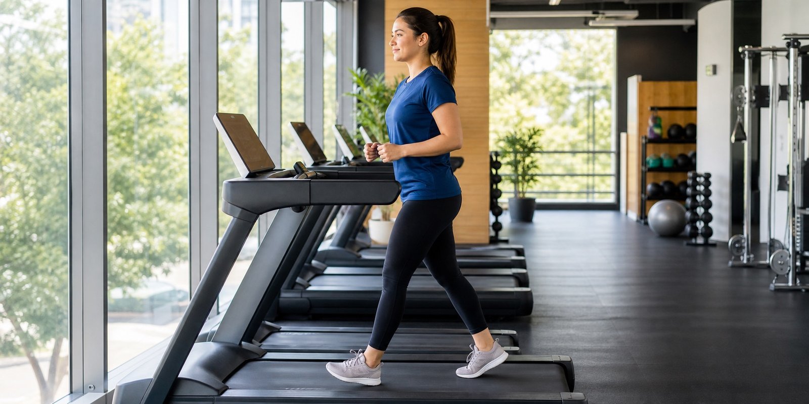Iniciante caminhando na esteira com postura estável durante treino de cardio.