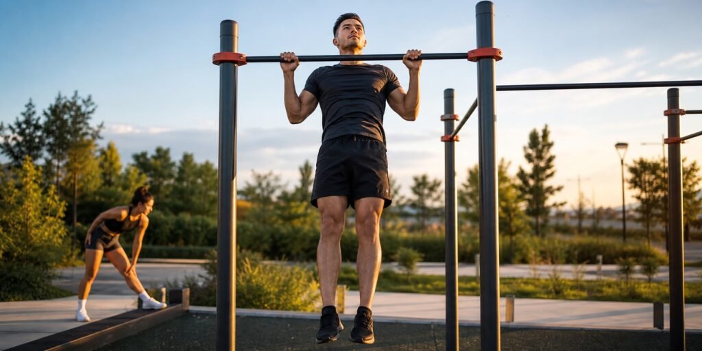 Atleta fazendo barra fixa em parque no treino de calistenia para ganhar força com peso corporal.