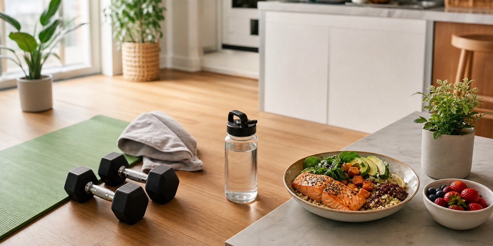 Itens de treino, água e refeição pronta para ajustar exercício e pós-jejum.