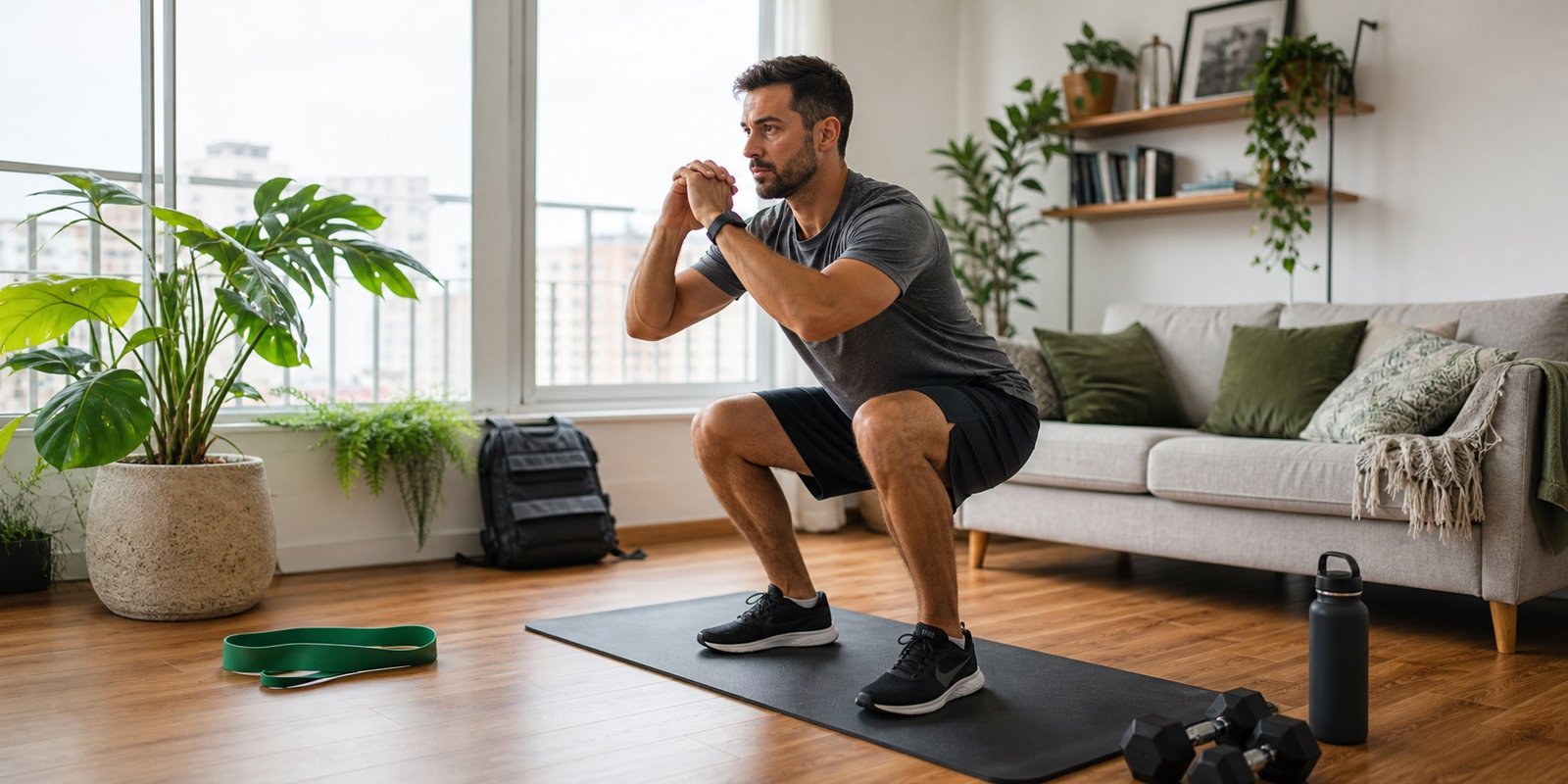 Pessoa fazendo agachamento em casa para preservar massa muscular durante o emagrecimento saudável.