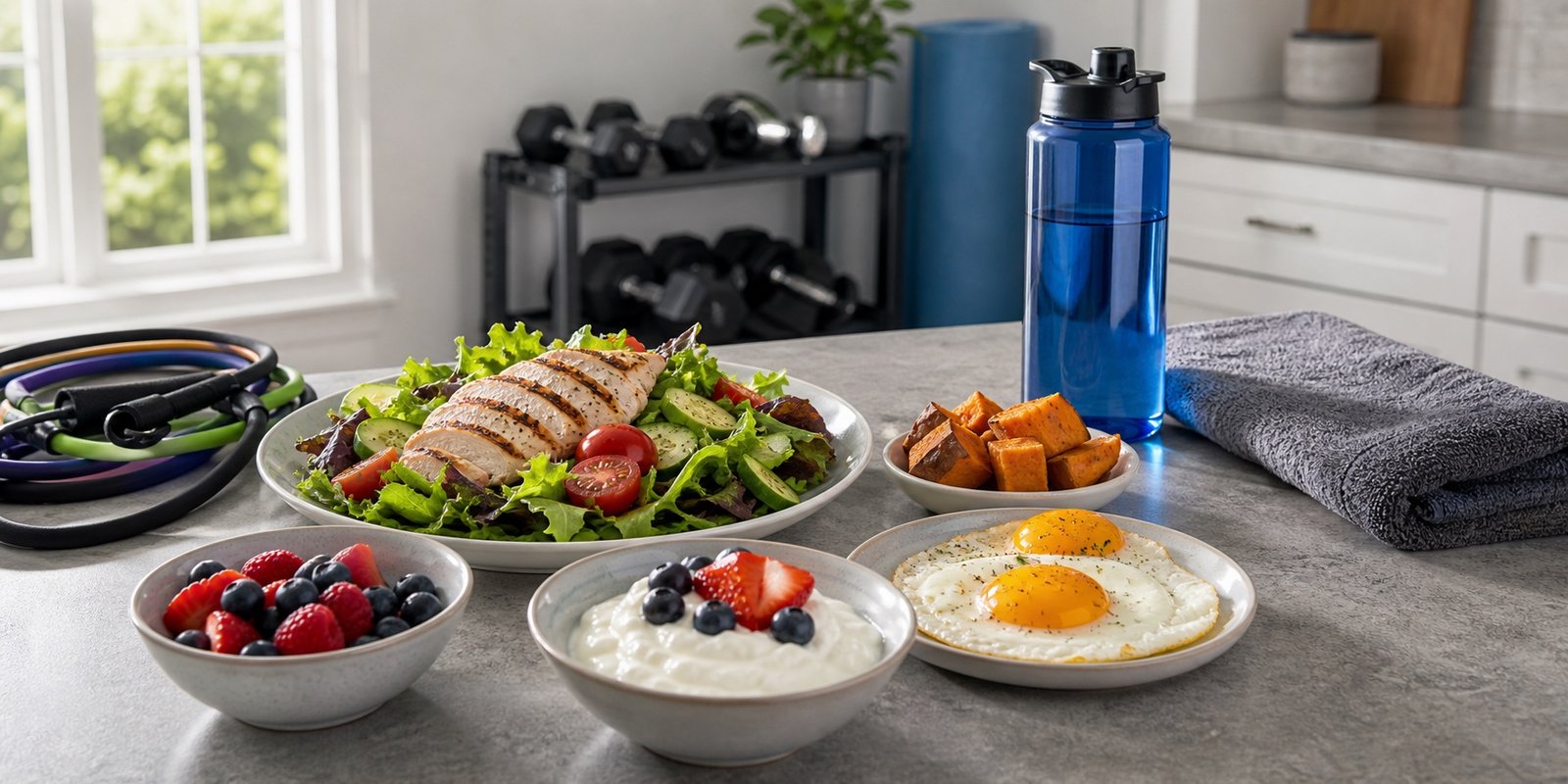 Dieta low carb ajustada ao treino com refeições simples, água e equipamentos de exercício em casa.