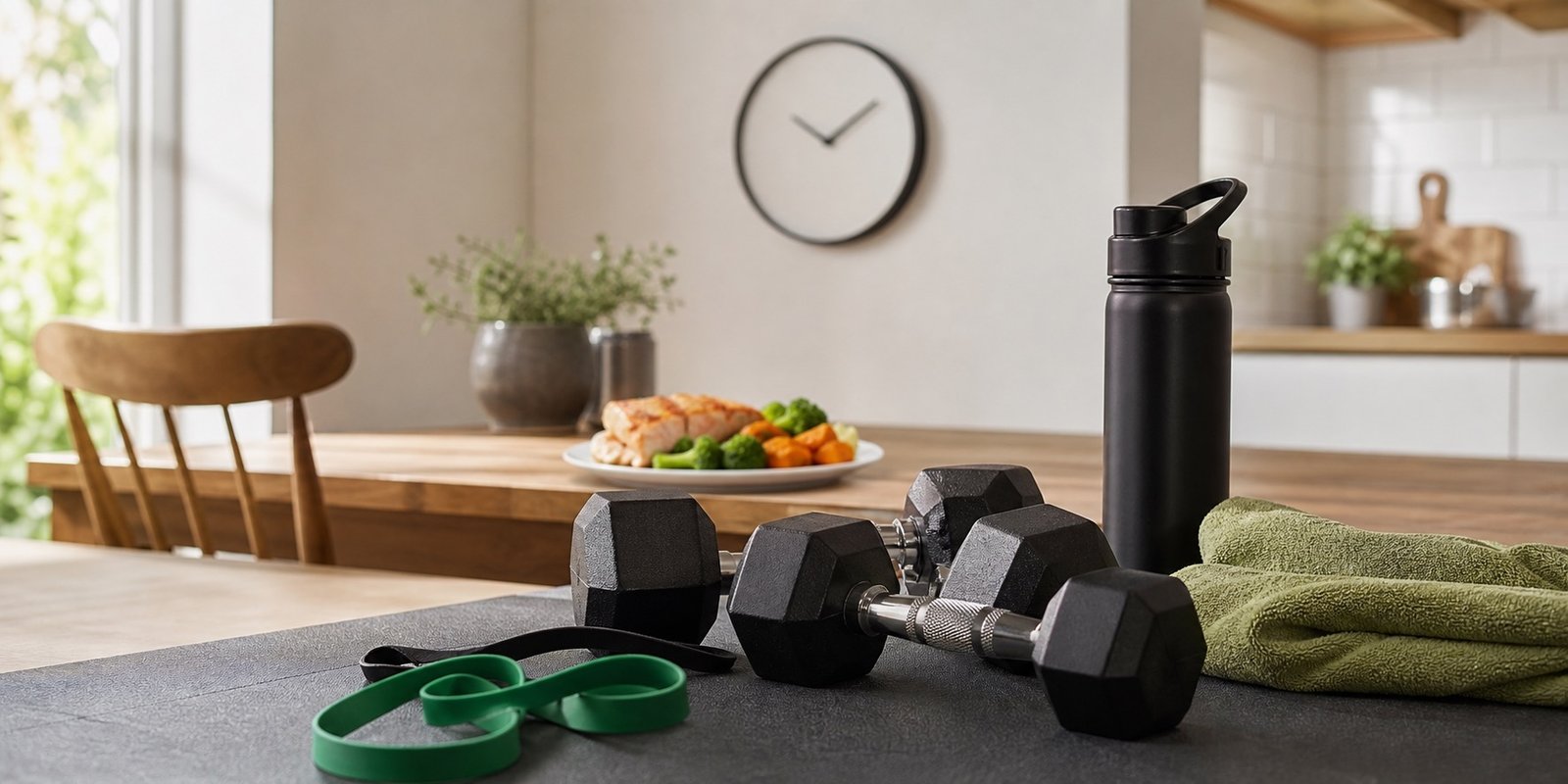 Dumbbells, elásticos e refeição ao fundo para ajustar treino de força perto da janela alimentar.