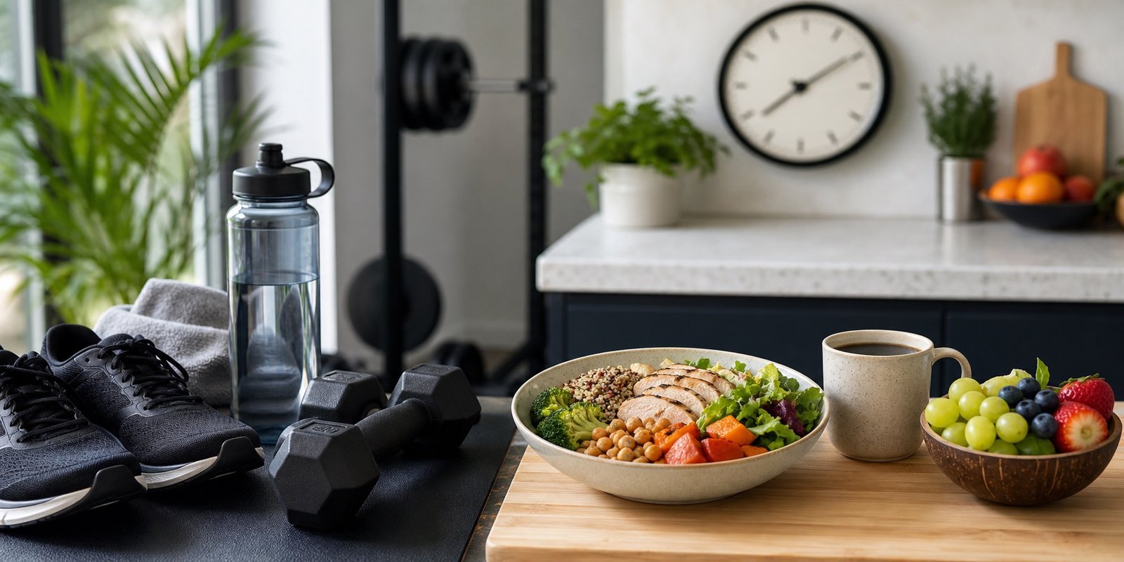 Treino, hidratação e refeição planejada para encaixar exercício na janela alimentar do jejum intermitente.
