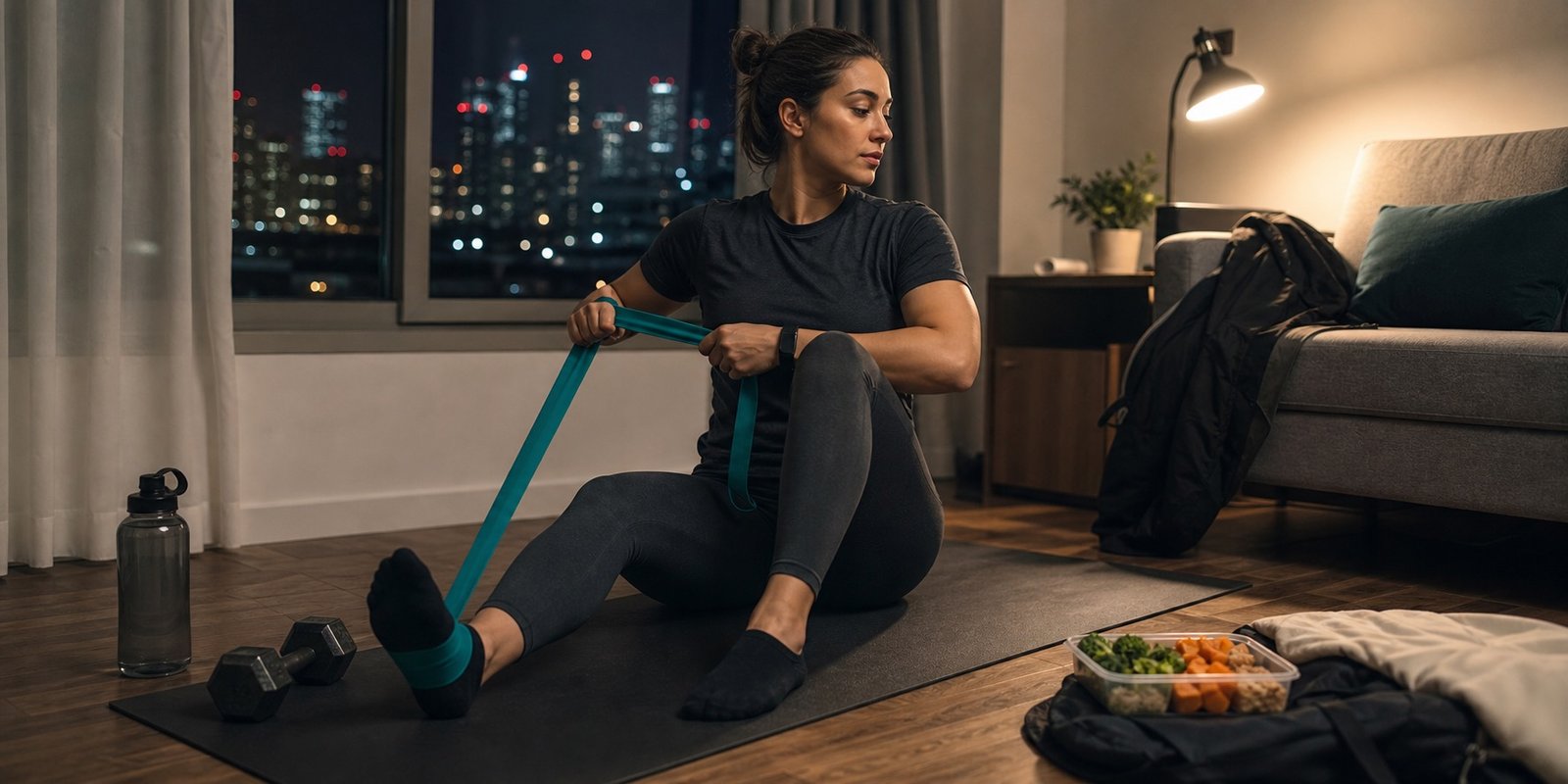 Pessoa fazendo exercício leve em casa com água e refeição planejada perto do treino noturno.