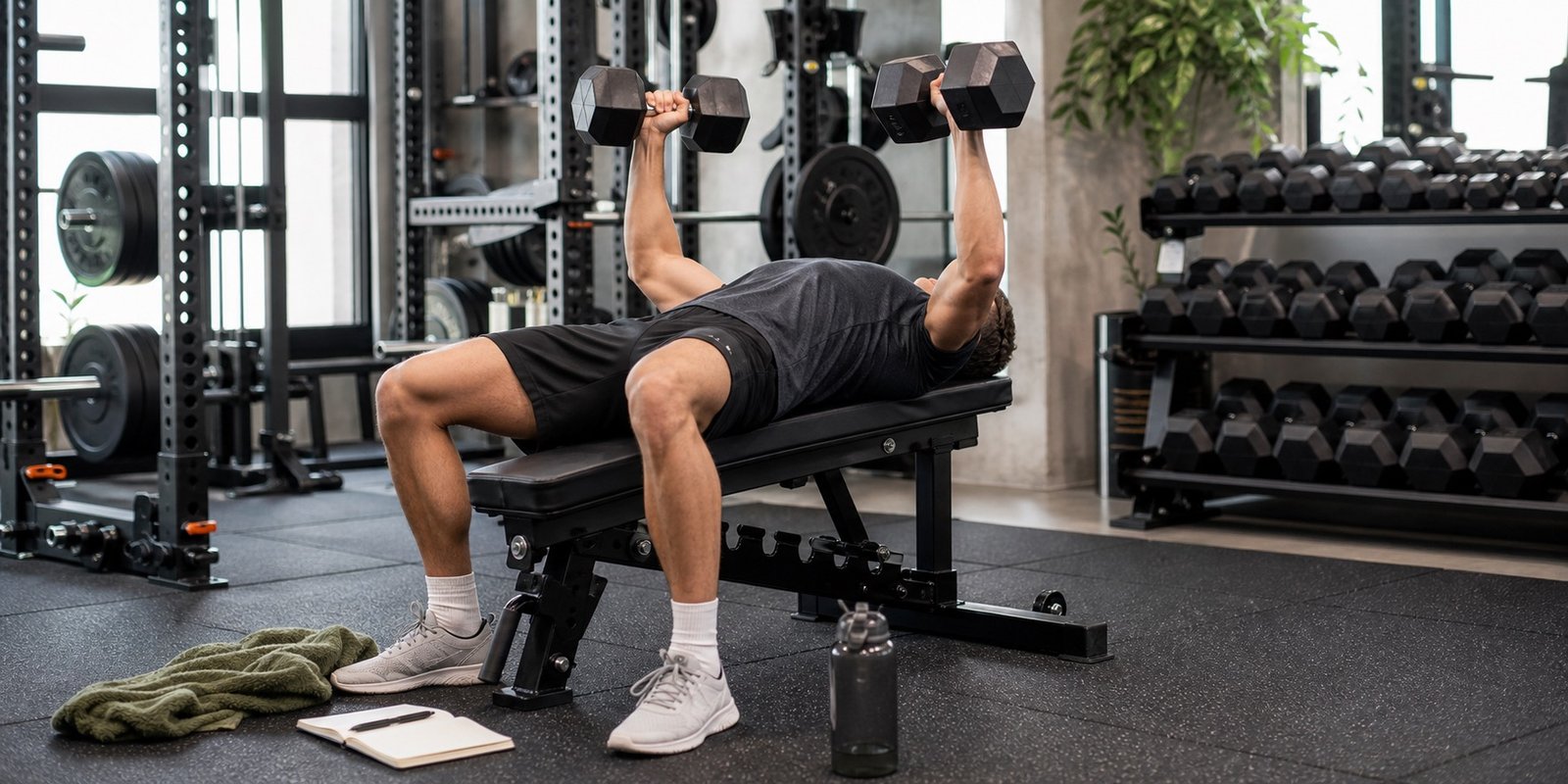 Pessoa fazendo treino de força controlado em academia para estimular hipertrofia com progressão