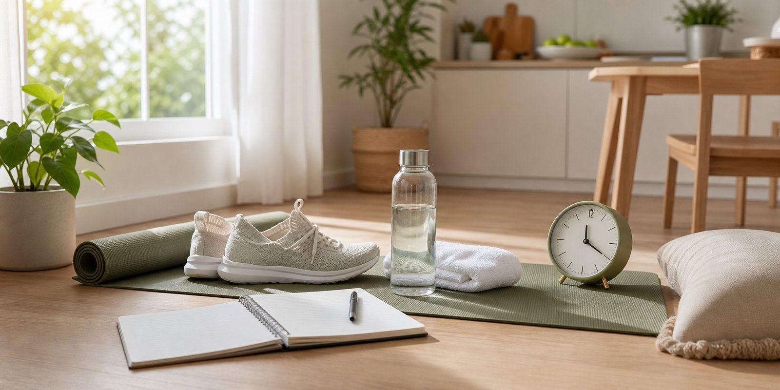 Tapete de exercício, tênis, água e caderno para ajustar treino, sono e sinais do corpo