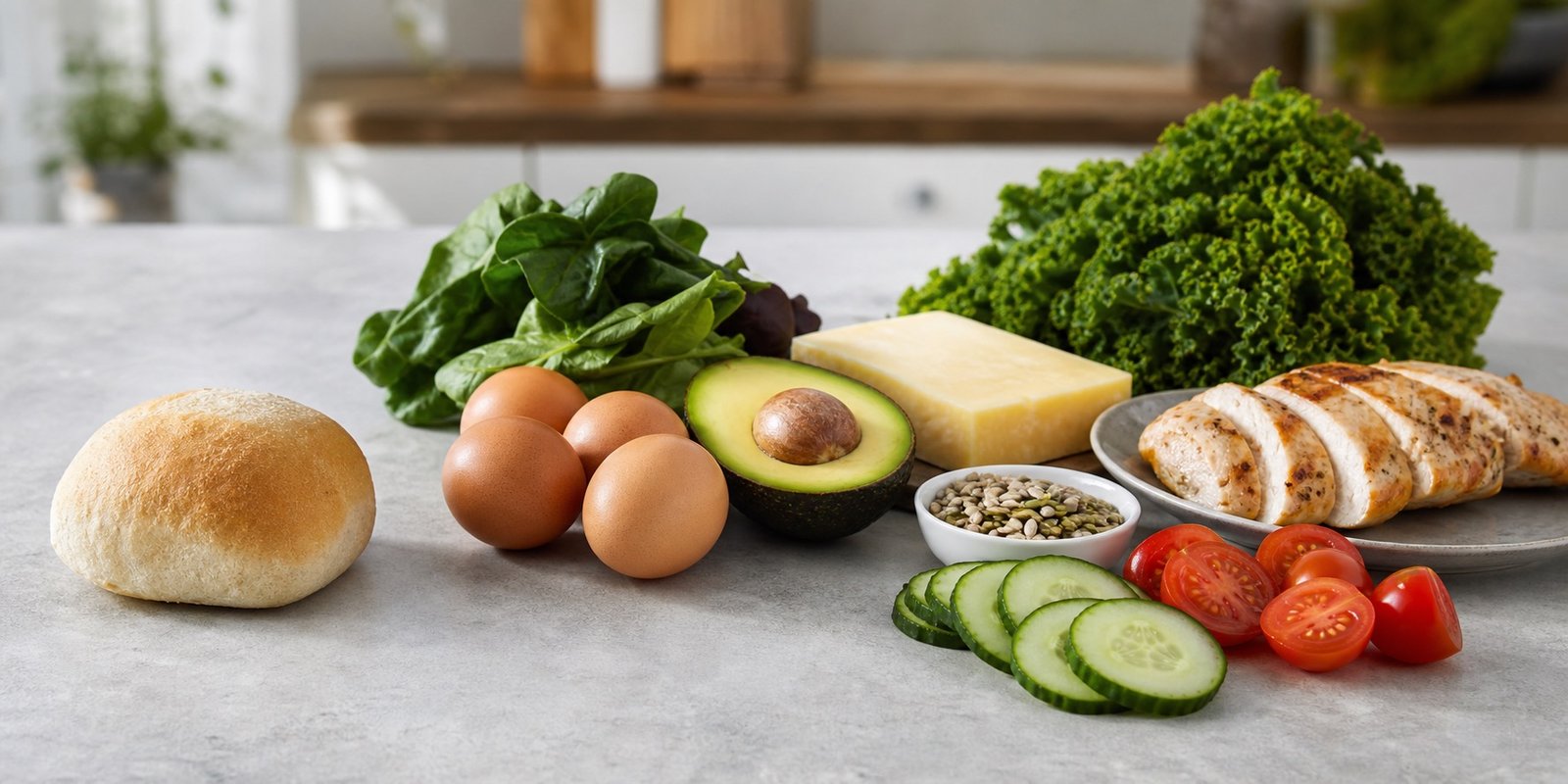 Ingredientes low carb como ovos, folhas, abacate, queijo, sementes e frango ao lado de um pão pequeno para comparar substituições.