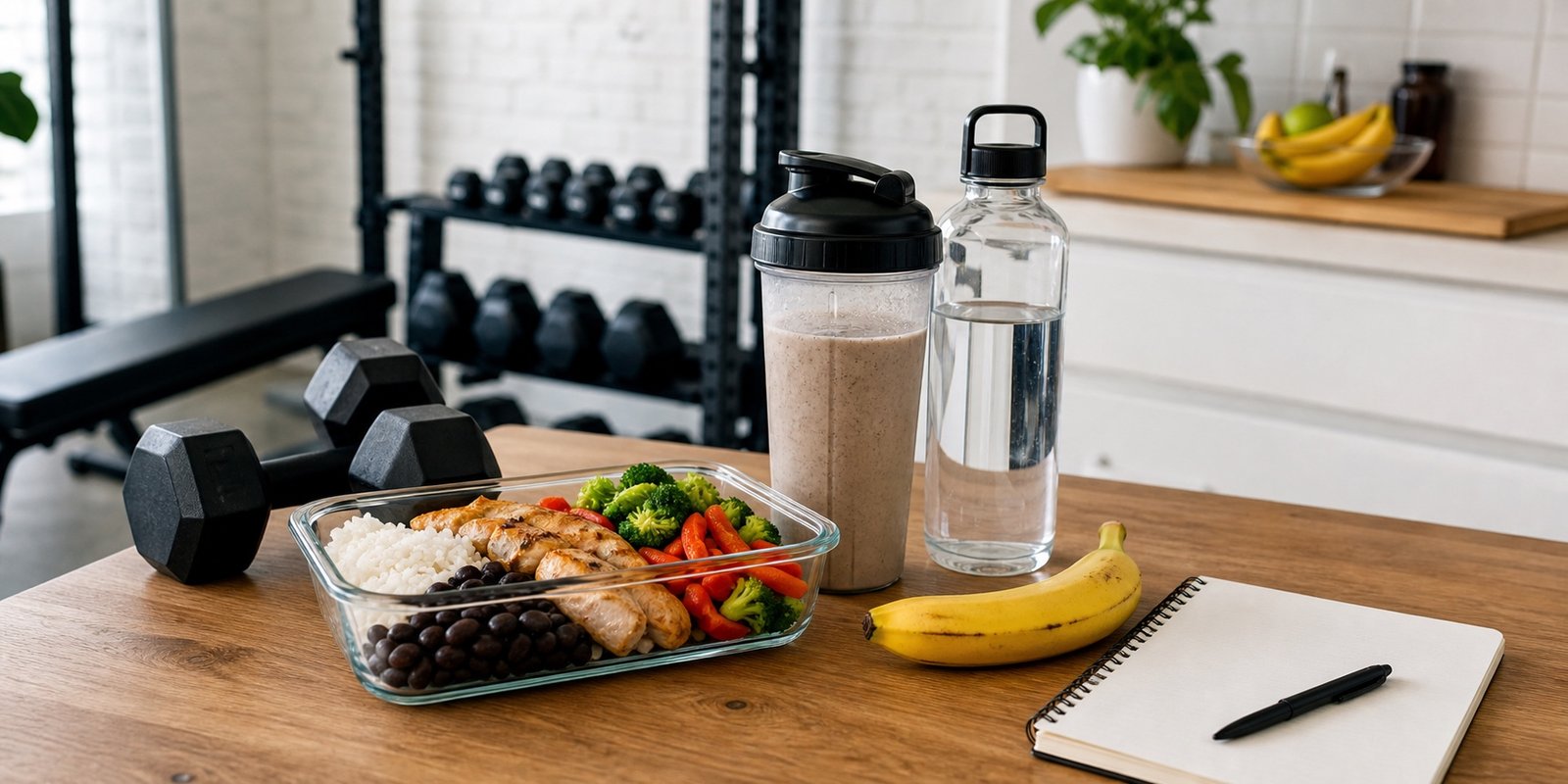 Marmita, shaker, banana, água e halteres organizados para ajustar calorias sem exagero.
