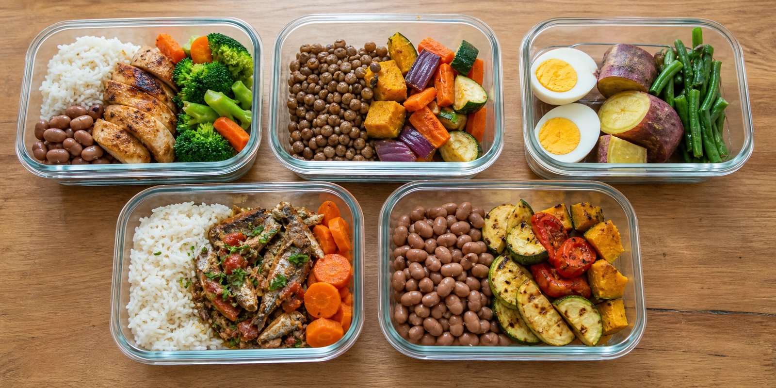 Cinco variações baratas de marmita fitness com arroz, feijão, lentilha, ovos, peixe, frango e legumes.