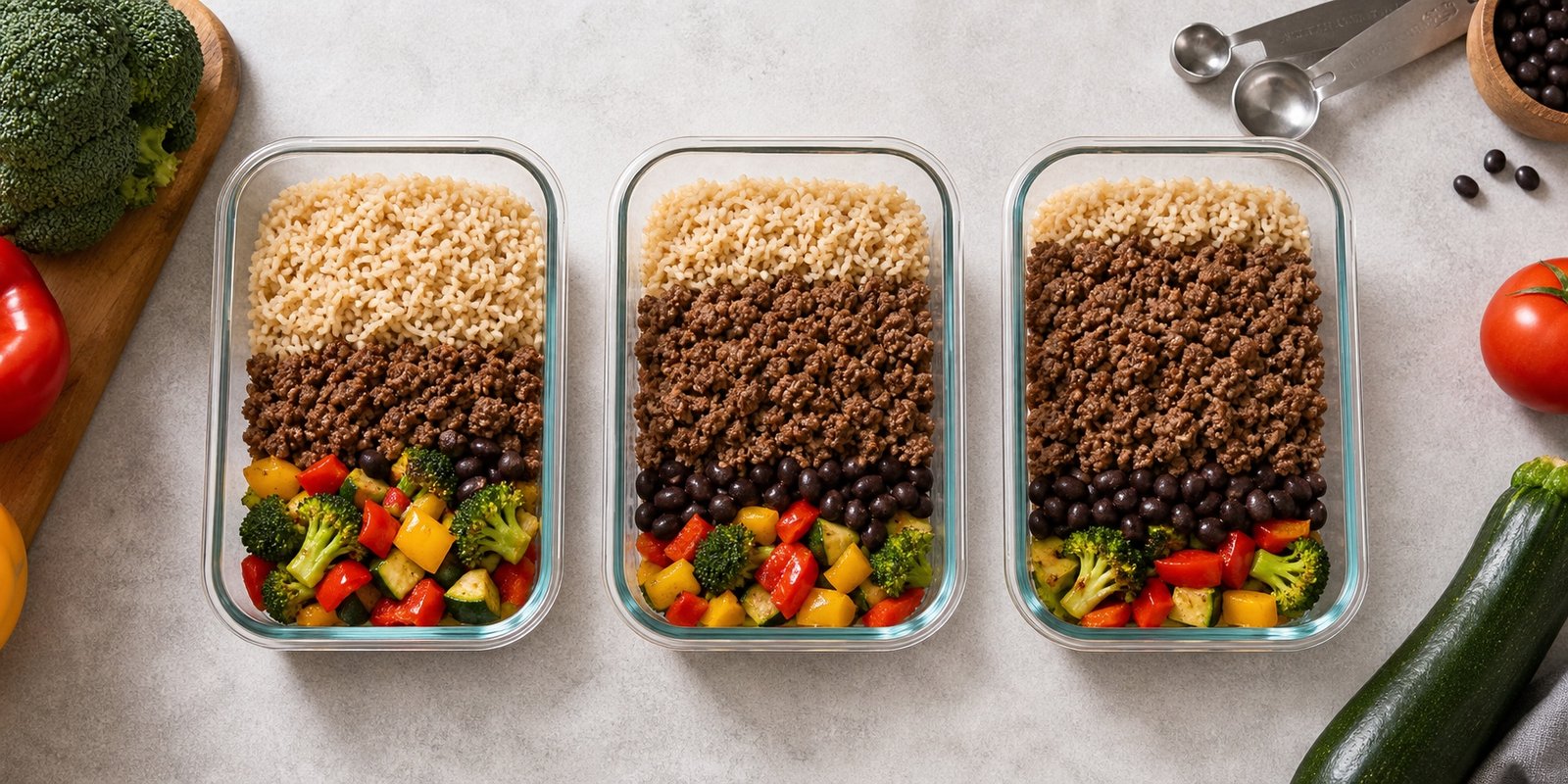 Três marmitas com arroz integral, carne moída, feijão e legumes em proporções diferentes.