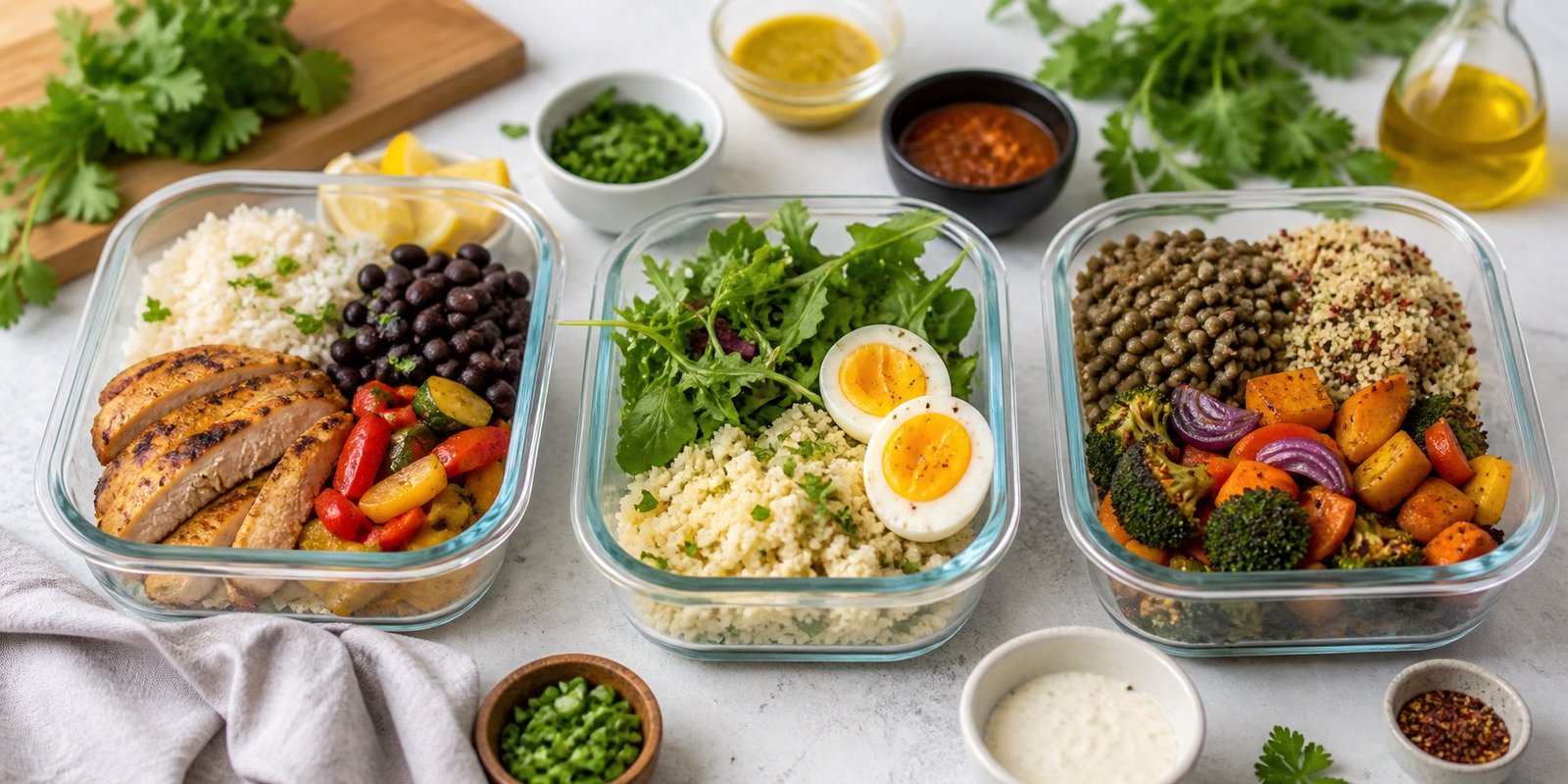 Três variações de marmita fit com arroz e feijão, opção low carb e opção vegetariana para não enjoar na semana.