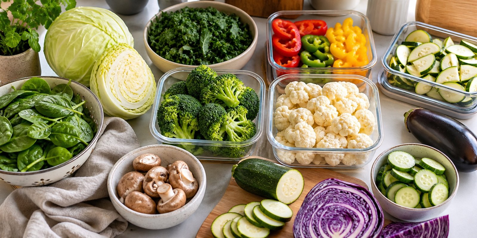 Vegetais de baixo carboidrato para dieta cetogênica, com folhas, brócolis, couve-flor, abobrinha e cogumelos.