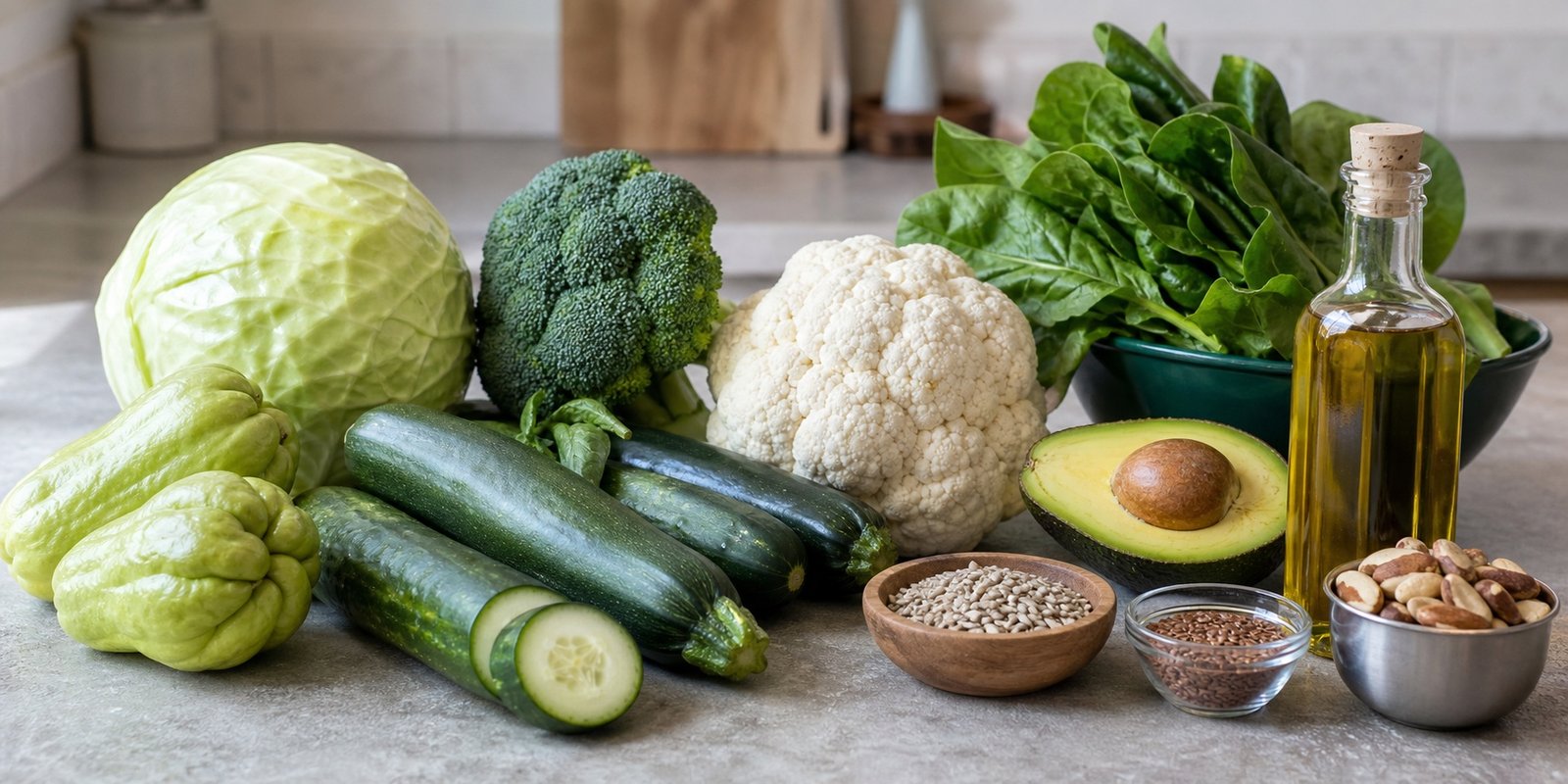 Vegetais de baixo carboidrato e gorduras para dieta cetogênica econômica, com repolho, abobrinha, couve-flor, folhas, abacate, azeite e sementes.