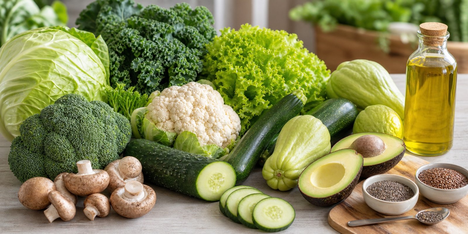 Vegetais e gorduras low carb econômicos com repolho, couve, pepino, abobrinha, couve-flor, abacate, azeite, chia e linhaça.